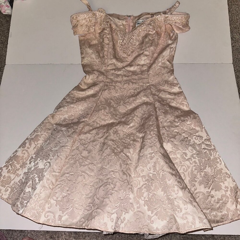 Zum Zum Vintage 1980s Pale Pink Brocade Lace Off Shoulder Prom Dress Sz 9/10